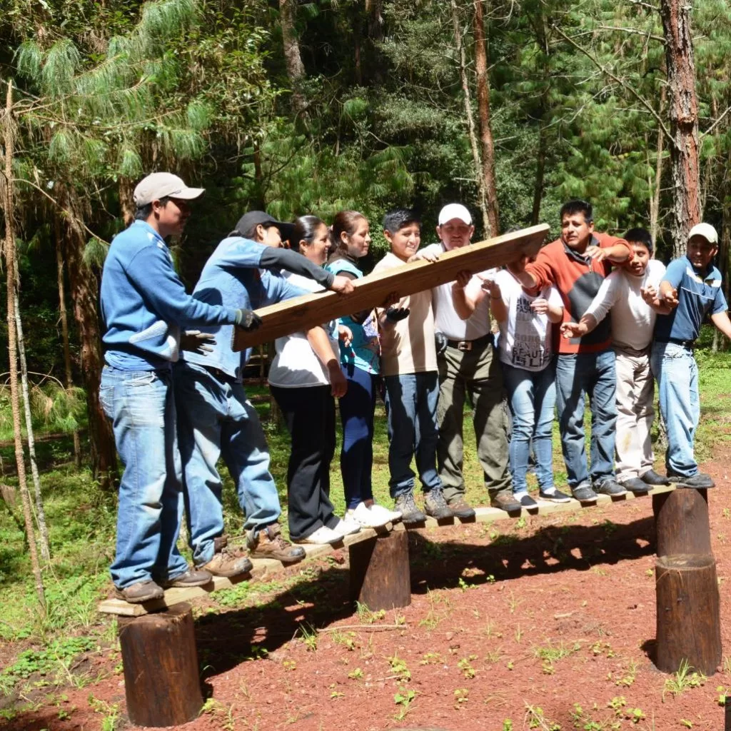 Ecoprojects. Personas pasando un trozo de madera.