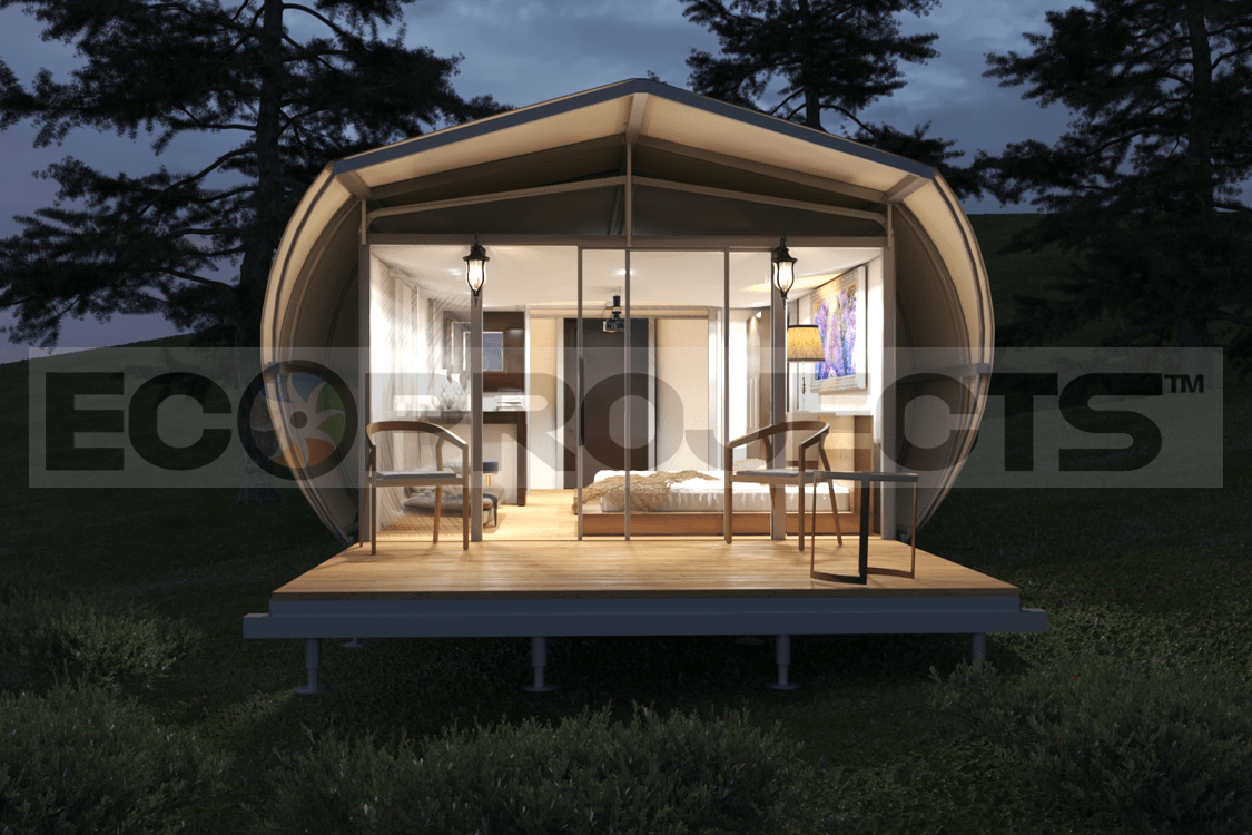Ecoproparks. Cabaña minimalista hecha a base de madera.