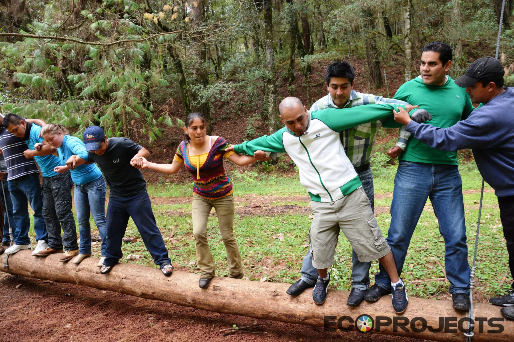 Ecoproparks. Personas sujetándose sobre tronco en Challenge Center.